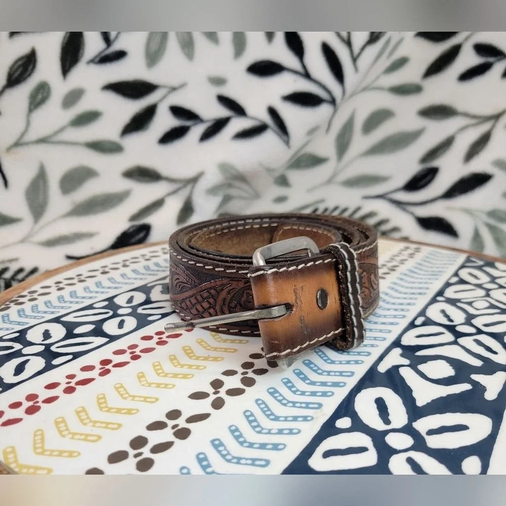 Belt Co Brown Tooled Leather Belt Men's Embellished Florid Western USA Size 38